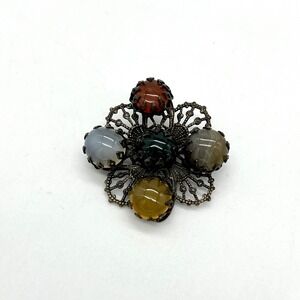 Vintage Agate Stone‎ Brooch Pin Flower Multicolor Cabochon Floral